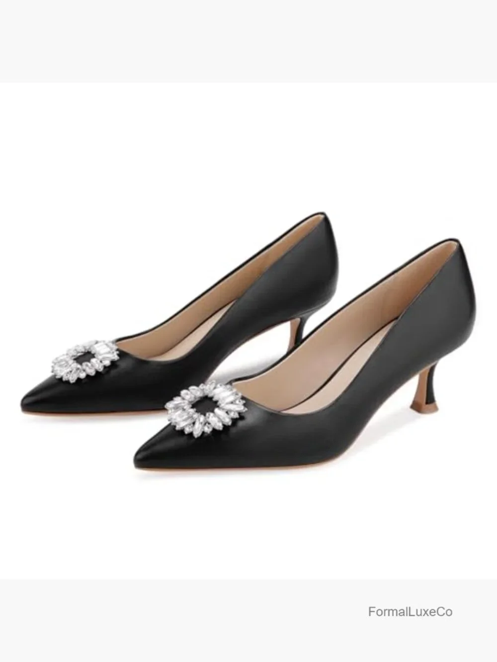 Genuine Leather Pointy Toe Kitten Heel Pumps - Elegant Closed Toe Slip On Low - Picture 4 of 6